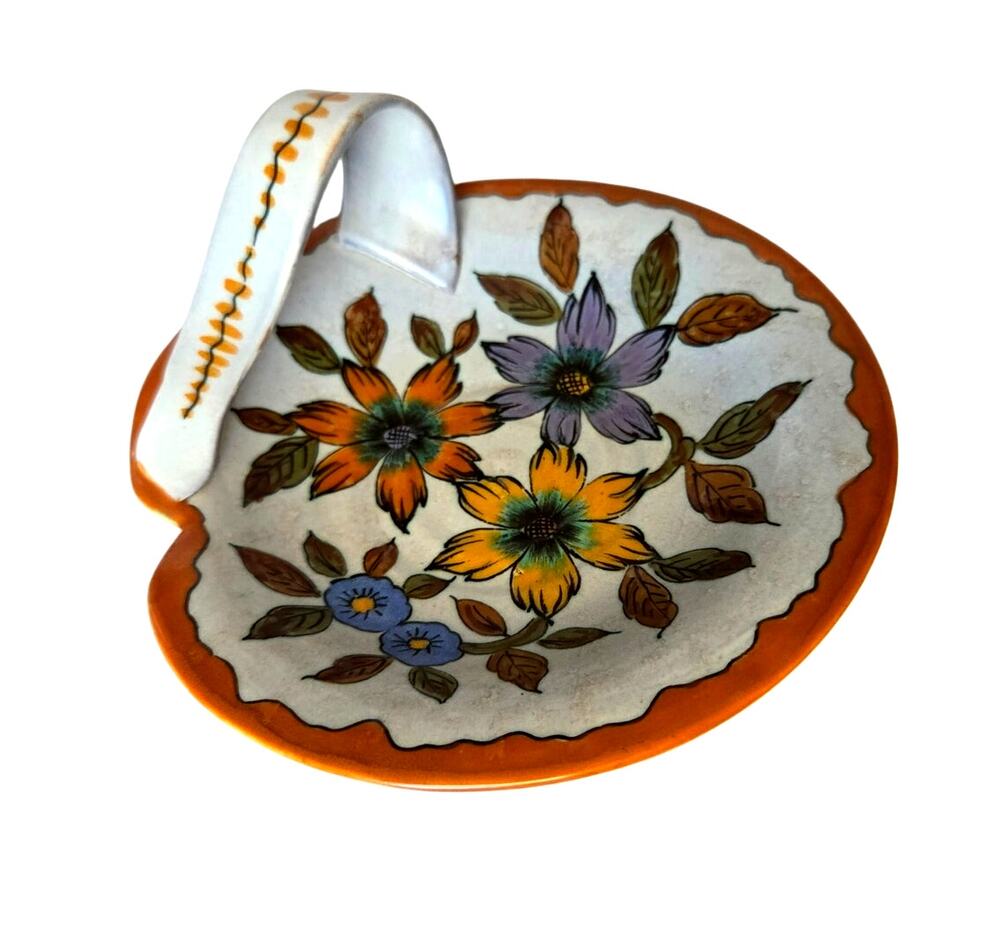 Vintage Signed Gouda Holland Pottery Lizzy Royal Floral Dish Handle Green